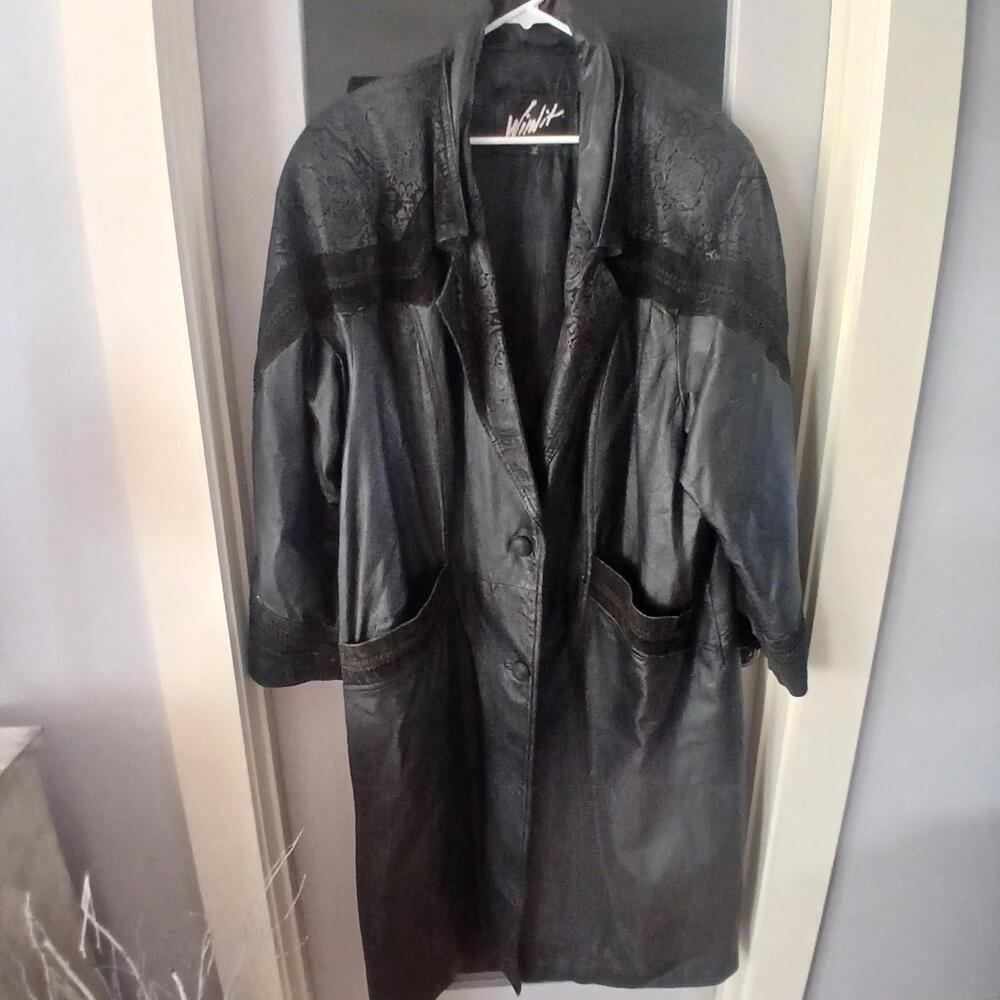 Winlit Genuine Leather Trench Coat Womens  2XL lack Paisley Long Jacket Vtg 80s